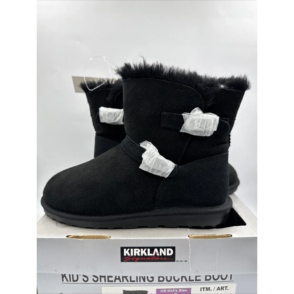 NEW Kirkland Signature Kids' Shearling Buckle Boots - Size 4 Black